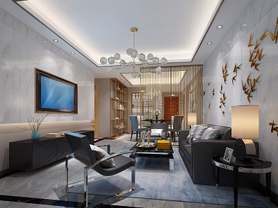 Modern Luxury Open Living And Dining Room With Marble Walls Comfortable Furniture And Elegant Lighting 3d model