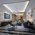 Modern Luxury Open Living And Dining Room With Marble Walls Comfortable Furniture And Elegant Lighting