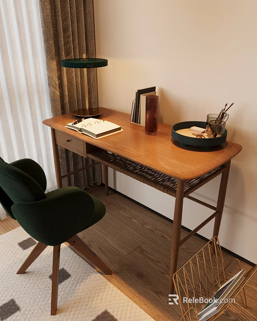 Wooden Desk With Green Chair Open Notebook Books Vase Stationery Tray And Table Lamp Setup 3d model 