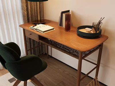 Wooden Desk With Green Chair Open Notebook Books Vase Stationery Tray And Table Lamp Setup 3d model