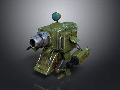 Green Robot Character And Mechanical Creature With Globe Head Cannon Barrel And Legs 3d model