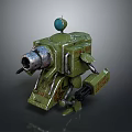Green Robot Character And Mechanical Creature With Globe Head Cannon Barrel And Legs