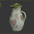 Ceramic Pitcher With White Base And Pink Floral Pattern And Brown Lid 3d model