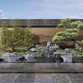 Perforated Scenic Wall with Rockery Water Pond and Pine Trees in Garden with Stone Slabs