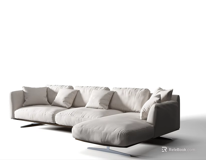 Modern Beige Fabric Sectional Sofa With Soft Cushions And Sleek Metal Legs 3d model 