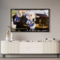 Modern White TV Stand With Striped Design Drawer Storage Decorative Bottles And Wall Mounted TV