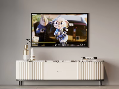 Modern White TV Stand With Striped Design Drawer Storage Decorative Bottles And Wall Mounted TV 3d model