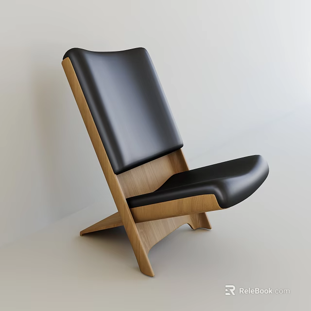 Modern Stylish Leisure Chair With Black Leather Seat Backrest And Wooden Frame 3d model 