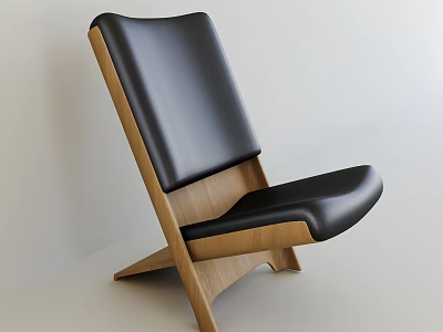 Modern Stylish Leisure Chair With Black Leather Seat Backrest And Wooden Frame 3d model