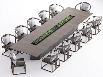 Modern Long Conference Table With Green Centerpiece And Surrounding Accent Chairs 3d model