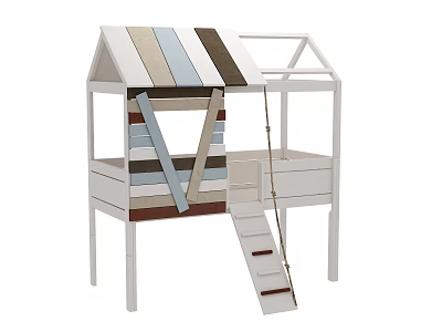 Kids House Shaped Bed with Striped Roof and Elevated Structure White Frame and Wooden Ladder 3d model