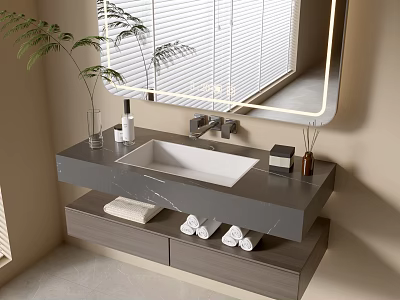 Contemporary Bathroom Vanity With Marble Countertop White Sink LED Mirror And Green Plant 3d model
