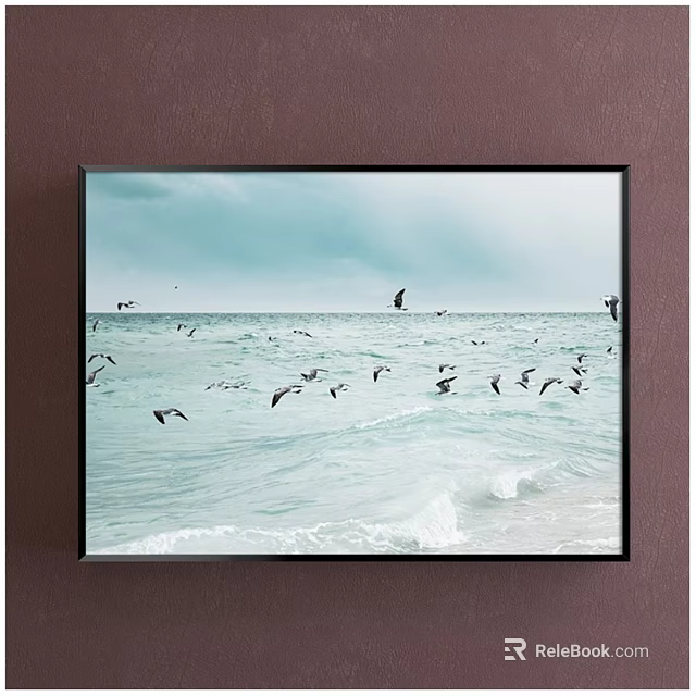 Seascape Painting With Seagulls Flying Over Ocean Waves And Soft Blue Sky 3d model 