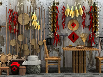 Rustic Garden Decor With Hanging Red Chili Peppers Corn Bamboo Baskets And Fu Feng Characters 3d model