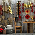 Rustic Garden Decor With Hanging Red Chili Peppers Corn Bamboo Baskets And Fu Feng Characters