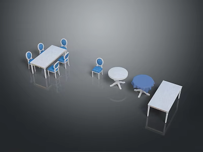 Various Dining Tables With Blue Chairs Round Rectangular Shapes And White Tabletops 3d model