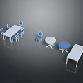 Various Dining Tables With Blue Chairs Round Rectangular Shapes And White Tabletops 3d model