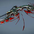 Intricate Mechanical Fantasy Weapon With Red Decorative Accents And Blood Effects