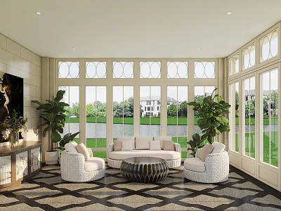 Bright Home Balcony With Large Windows Green Plants Sofa Set And Patterned Rug 3d model