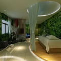 SPA Sauna Room Interior Design With Green Plant Walls White Curtains And Wooden Bathtub