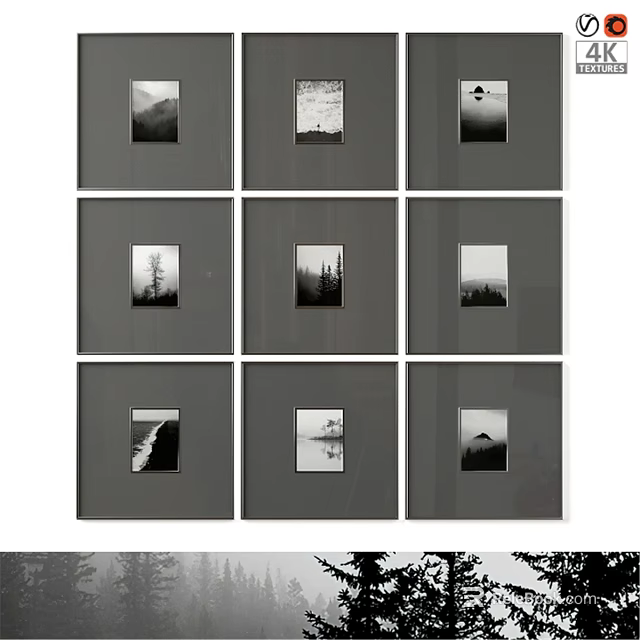 Modern Photo Frames with Nature Landscape Photos Arranged in Grid Design 3d model 