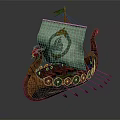 Viking Warrior Dragon Head Ship With Decorated Sail Colored Shields And Oars