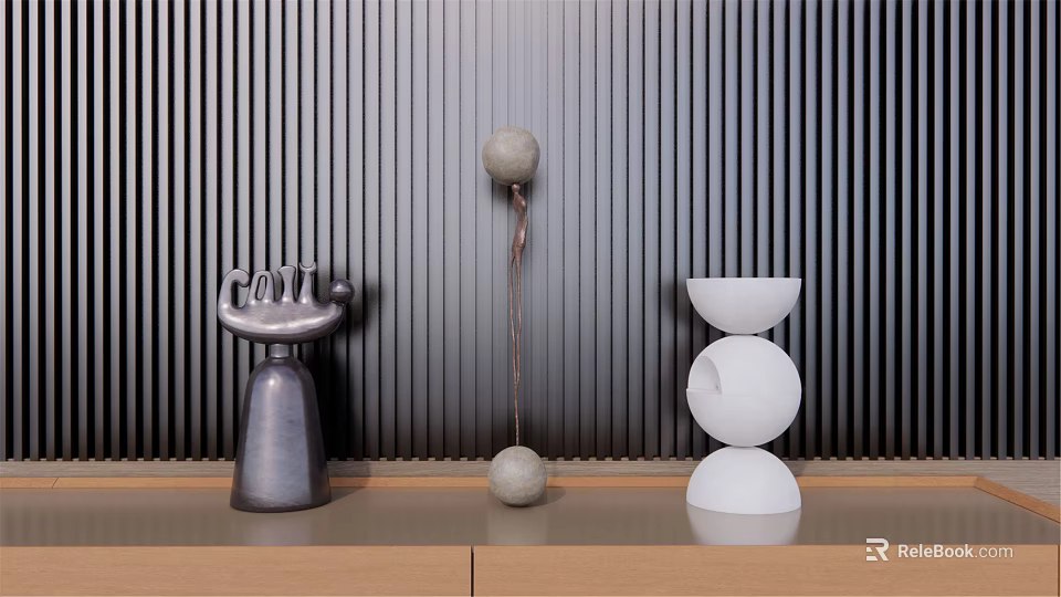 Decorative Ornament Set With Grey Hand Base Two Connected Balls And White Hourglass Shaped Ornaments 3d model 