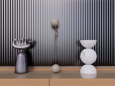 Decorative Ornament Set With Grey Hand Base Two Connected Balls And White Hourglass Shaped Ornaments 3d model