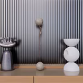 Decorative Ornament Set With Grey Hand Base Two Connected Balls And White Hourglass Shaped Ornaments