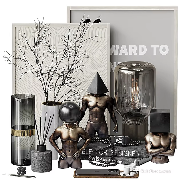 Modern Metallic Geometric Ornament Set With Glass Containers And Dried Branches 3d model 