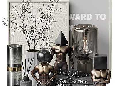 Modern Metallic Geometric Ornament Set With Glass Containers And Dried Branches 3d model
