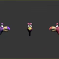 Three Playful Pink Purple Cartoon Creatures Characters With Reflections On Gray Background