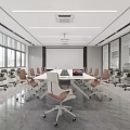 Modern Office Open Space With Large Conference Table Laptop Wooden Wall Green Plant Hanging Lights