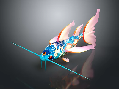 Colorful 3D Model Fish With Blue Pink Orange Patterns Long Snout And Large Tail 3d model