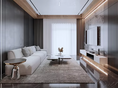 Modern Luxury Open Concept Dining Living Room With Sofa Coffee Table TV Wall And Lighting 3d model