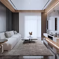 Modern Luxury Open Concept Dining Living Room With Sofa Coffee Table TV Wall And Lighting
