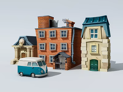 Colorful Cartoon Scenery With Various Style Buildings And Blue White Van 3d model