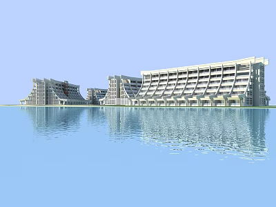 Modern Hotel Building With Waterfront View And Reflective Exterior Design 3d model