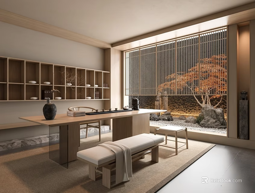 Traditional Japanese Tea Room Interior With Wooden Shelves Tea Sets And Maple Garden View 3d model 