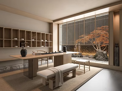 Traditional Japanese Tea Room Interior With Wooden Shelves Tea Sets And Maple Garden View 3d model
