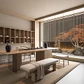 Traditional Japanese Tea Room Interior With Wooden Shelves Tea Sets And Maple Garden View