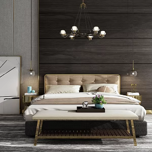 Modern Background Double Bed Metal Crystal Chandelier Bed Combination 3d model