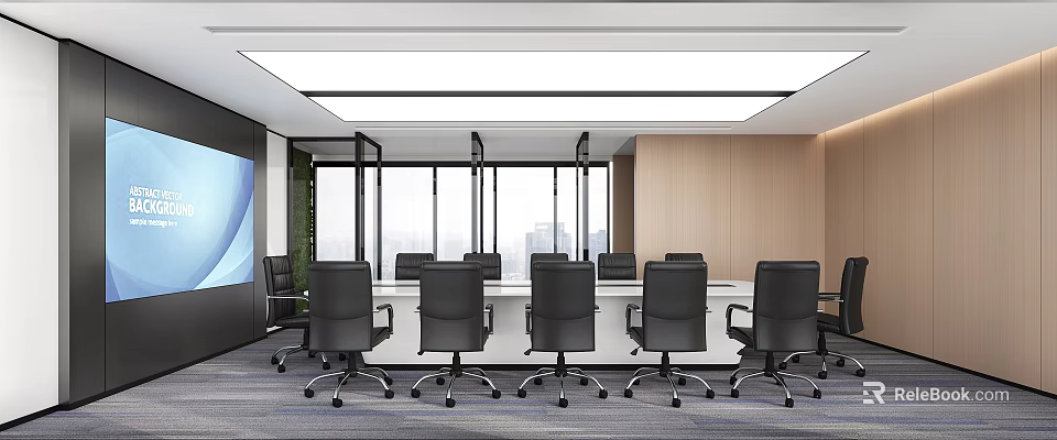 Modern Conference Room With Long Table Black Office Chairs City View And Large Windows 3d model 