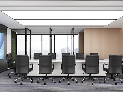 Modern Conference Room With Long Table Black Office Chairs City View And Large Windows 3d model