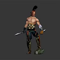 Warrior Character With Red Feathered Helmet Bare Chest And Sword Standing On Green Base