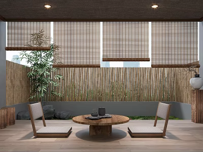 Wooden Tea Table And Chairs In Outdoor Patio With Bamboo Fence Blinds And Green Plants 3d model