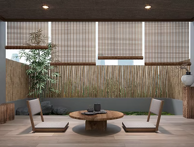 Wooden Tea Table And Chairs In Outdoor Patio With Bamboo Fence Blinds And Green Plants 3d model
