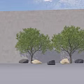Two Green Arbor Trees Against Gray Wall With Stones In Front