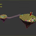 Floating Islands Connected by Wooden Bridge with Campfire Green Plants Stones and Water