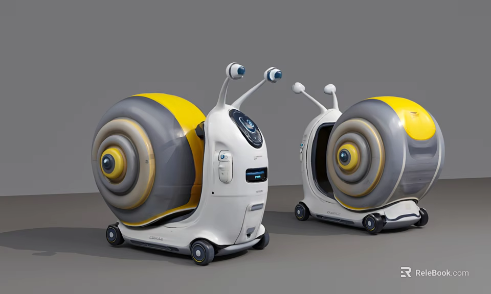 Intelligent Snail Shaped Robots With Yellow Grey Shells Wheels And Display Screens 3d model 